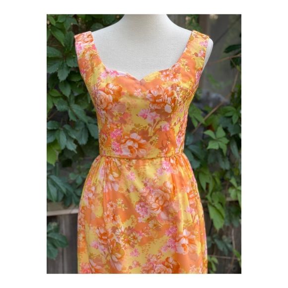 1950s Chiffon Formal Gown Dress Maxi Floral Tangerine Pink Yellow Sleeveless - Picture 2 of 16